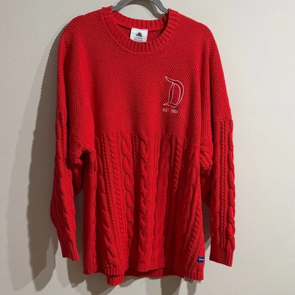 Disneyland Resort Large Spirit Red Cable Knit Jersey Crewneck Pullover Sweater - Picture 4 of 16